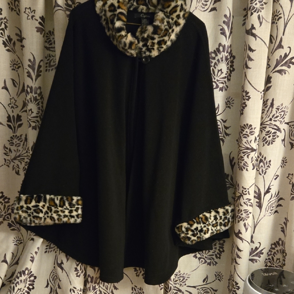 CEJON Leopard Trim Black Women's Sweater Cape Jacket Size L/XL